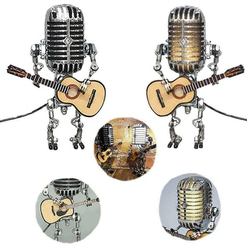 Derliaus Mikrofonas Robotas su Gitara, Metalinės Figūrėlės Interjero Darbalaukio Lempa USB Įkrovimo Ornamentu Namų Figūrėlės Apdaila