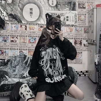 Deeptown Japonų Stiliaus Anime Spausdinti Hoodie Moterų Korėjos Mados Negabaritinių Juoda Streetwear Gotikos Ilgomis Rankovėmis Palaidinės Moteris