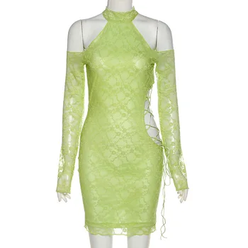 Y2K Derliaus Atvirų Pečių Žalia Nėrinių Suknelės 2000-ųjų Estetika Tuščiaviduriai Iš Tvarstis ilgomis Rankovėmis Bodycon Suknelė Šalies Aprangą