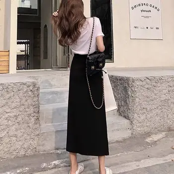 Aukštos Kokybės Apmušalas Korėjos Stiliaus Sijonas Moterims Aukšto Juosmens Midi Ilgio Sijonai Moterims Streetwear Pusėje Ritininės Vientisos Spalvos Ilgas Sijonas