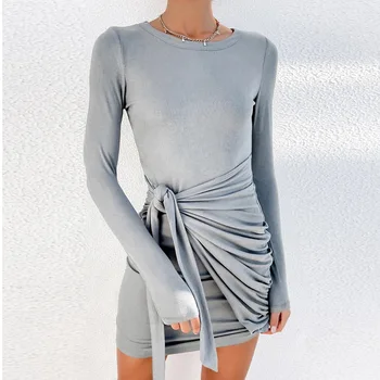 2021 m. Rudenį ilgomis Rankovėmis Moterų Suknelė Elegantiškas O-kaklo Naujo Dizaino Pusėje Diržas Mini Suknelė Office Lady Atsitiktinis Komfortą Moterų Drabužiai