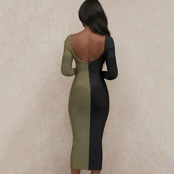 2021 Naujas Elegantiškas Ponios Midi Slim Suknelė Mados Seksualus Aikštėje Apykakle Ilgomis Rankovėmis Slim Šalis Suknelės Moterims Backless Bodycon Suknelės