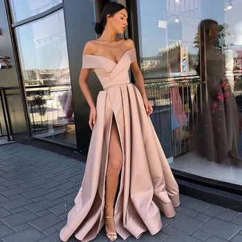 Blush Pink Off Peties Prom Dresses Valtis Kaklo Priekyje, Padalintas Vestido Formatura Ilgai Vakare Šalies Oficialaus Vestidos De Graduacion