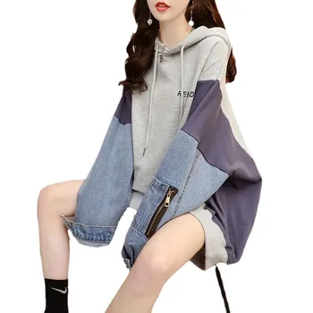 Korėjos stiliaus asmenybės netikrą dvi viršūnes moterų，Jean kratinys užtrauktukas hoodie，Streetwear vidurio ilgis hoodie moterų Patenka 2021 viršų