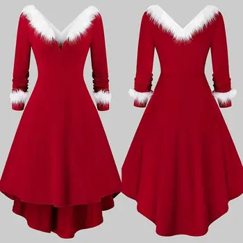 Naujųjų Metų Kalėdų Suknelė Moterims Suaugusiųjų Kalėdos Santa Kostiumas Ilgomis Rankovėmis Pliušinis Šiltas Išgalvotas Plisuotos Raudonos Suknelės