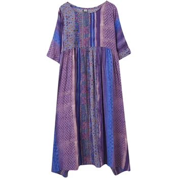 Trumpas Rankovės Medvilnės Skalbiniai Derliaus Violetinė Gėlių Suknelės Moterims Atsitiktinis Palaidų Ilgas Vasaros Suknelė Elegantiškas Mados Drabužių 2021