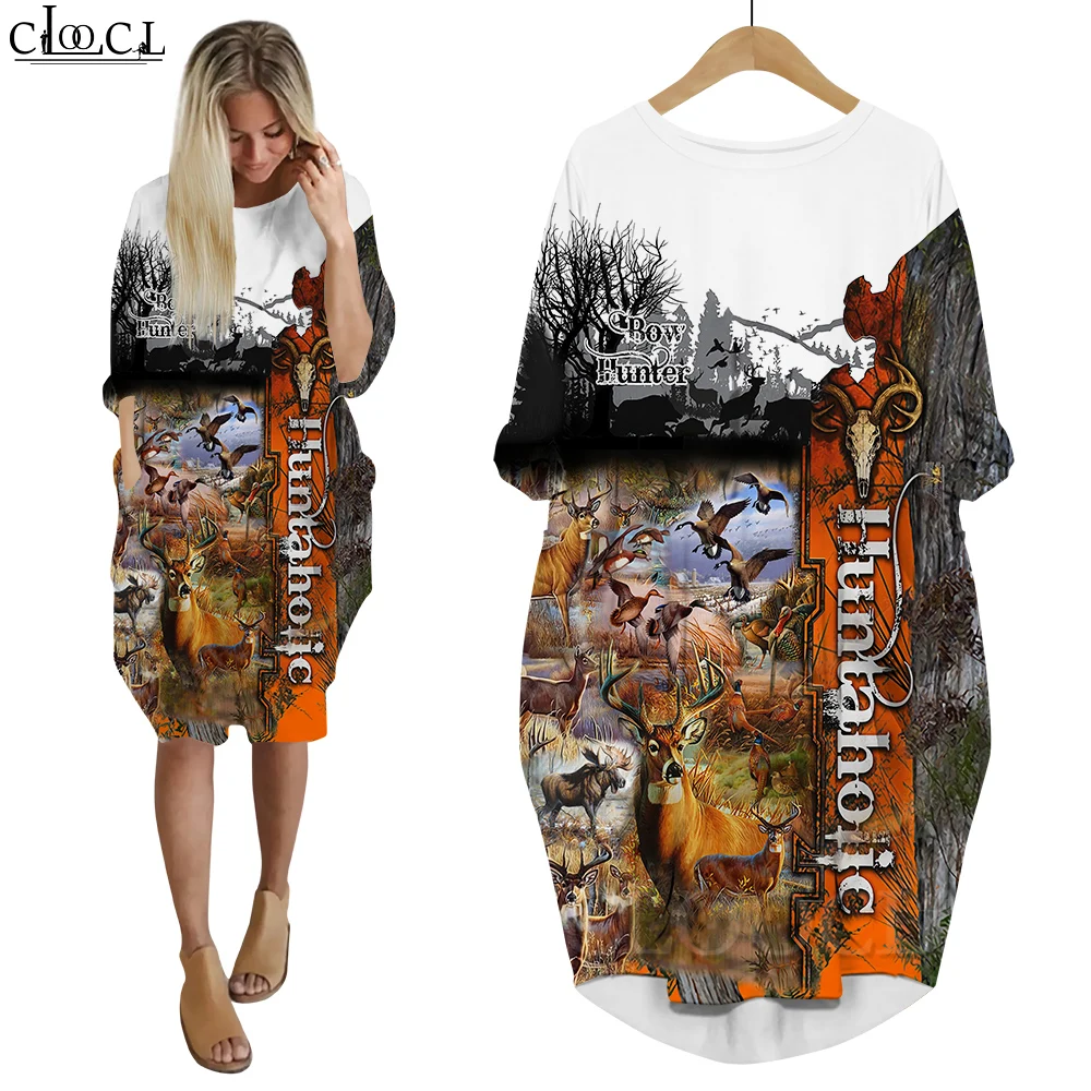 CLOOCL Elnių Medžioklė, Elnių Suknelė 3D Atspausdintas ilgomis Rankovėmis Streetwear Harajuku Moterų Hip-Hop Stiliaus Moteris Kišenėje Suknelės Nuotrauka 3