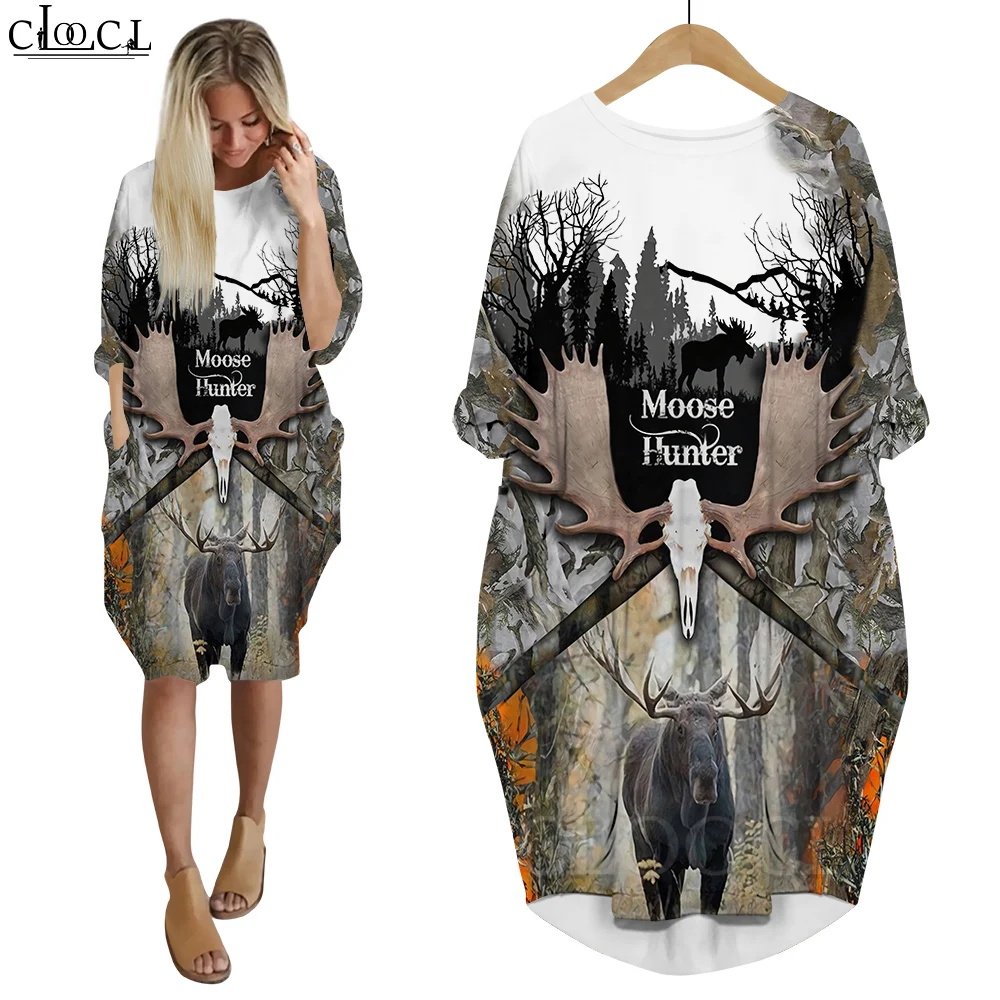 CLOOCL Elnių Medžioklė, Elnių Suknelė 3D Atspausdintas ilgomis Rankovėmis Streetwear Harajuku Moterų Hip-Hop Stiliaus Moteris Kišenėje Suknelės Nuotrauka 4