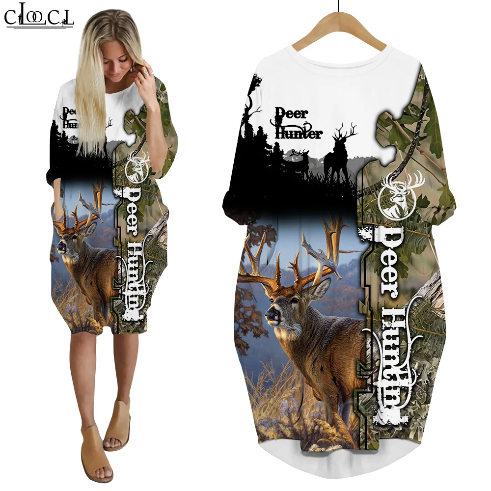 CLOOCL Elnių Medžioklė, Elnių Suknelė 3D Atspausdintas ilgomis Rankovėmis Streetwear Harajuku Moterų Hip-Hop Stiliaus Moteris Kišenėje Suknelės Nuotrauka 5