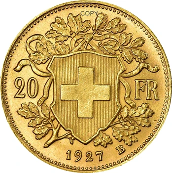 Šveicarijos Federacinės Valstybės 1927 B Auksas 20 Frankų Helvetia Kopijuoti Monetos Žalvario Metalo Replika Monetų Kolekcija Progines