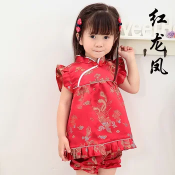 2021 Naujas Vasaros Gėlių Qipao Vaikų Nustato Naujus Metus Kinijos Kūdikių, Mergaičių Suknelės, Trumpos Kelnės Cheongsam Komplektai