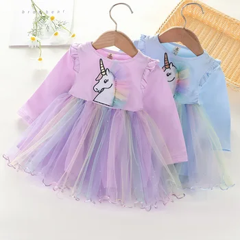 Mergaitėms ilgomis rankovėmis princesė Dress Vienaragis Tiulio Rudenį naujų vaikų animacinių filmų karūna Vienaragis susiuvimo star tinklelio suknelė