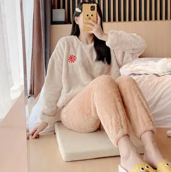 Pijama Mujer Invierno Naujas Tirštėti Šiltų Namų Drabužiai Laisvi Flanelė moteriški viršutiniai Sleepwear Nustatyti Mielas Animacinių filmų Moterų Pižama Kostiumas