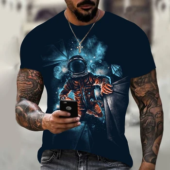 Vasaros Pop Astronautas Modelio vyriški Marškinėliai trumpomis Rankovėmis Mados Universalus Negabaritinių Pločio Laisvi Vyrų Viršuje, Gatvės, Hip Hop Stilius