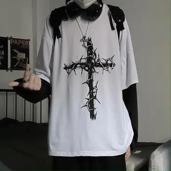 Punk Gotikos Tamsiai Hip-Hop Netikrą Dviejų Dalių Negabaritinių Vyrų Marškinėliai Ilgomis Rankovėmis Aprengti Japonijos Streetwear Unisex Rudenį Kryžiaus Spausdinti