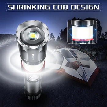 Daugiafunkcinis Magnetinės Uodegos LED Žibintuvėlis Zoomable Žibintuvėlis, atsparus Vandeniui Žibintuvėlis Darbo Lemputė su COB Šoninis apšvietimas