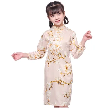 Šilko Gėlių Mergaitės Suknelė Kinijos Kostiumas Vaikams Chi-Pao Cheongsam Suknelės Tradicinės Partijos Vestuvių Mergina Drabužių Komplektus, Minkštas