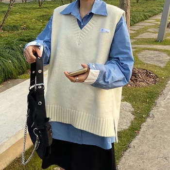 Japonijos vientisos spalvos V-kaklo megztinis liemenė moteriška korėjos versija laisvi naujas rankovių megzti megztinis palaidinė atsitiktinis visas rungtynes