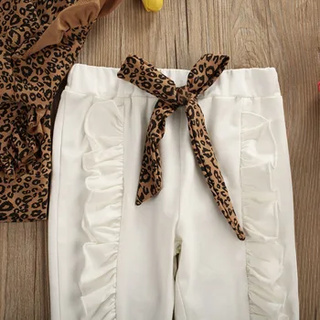 Vaikų Drabužiai Nauji Kūdikių Rinkiniai Mielas ilgomis rankovėmis Leopard Print T-Shirt +Baltos Kelnės+Lankelis 3pcs Komplektus Merginų Rinkiniai