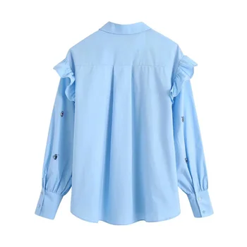 TRAF Moterų Marškinėliai Za 2021 Mėlyna Pynimas Viršų Moteriška Cirkonio Mygtuką Iki Baggy Marškinėliai Mados Moteris Palaidinės Atsitiktinis Elegantiškas Palaidinukės