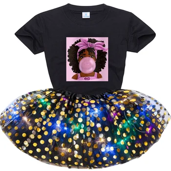 Bamblys Kūdikių Mergaičių Suknelė Rinkiniai Medvilnės Šalies Atsitiktinis Suknelė Drabužius Juodosios Afrikos Garbanotais Plaukais Mergina trumpomis Rankovėmis T-shirt+China Sijonas