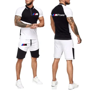 Vasarą medvilnės, vyriški T-shirt kostiumas BMW M automobilių sporto logotipas spausdinti Sujungimas Susidūrimo tendencija Vyrų Polo marškinėliai+ šortai 2-piece set