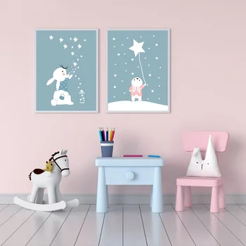 Šiaurės šalių Vaikų animacinių filmų Gyvūnų katytė saldus sapnai Mėlyna Drobės Tapybos Sienos Meno Plakatų Spausdinimo Kūdikio Miegamojo, vaikų Darželio Nuotrauką Dekoras