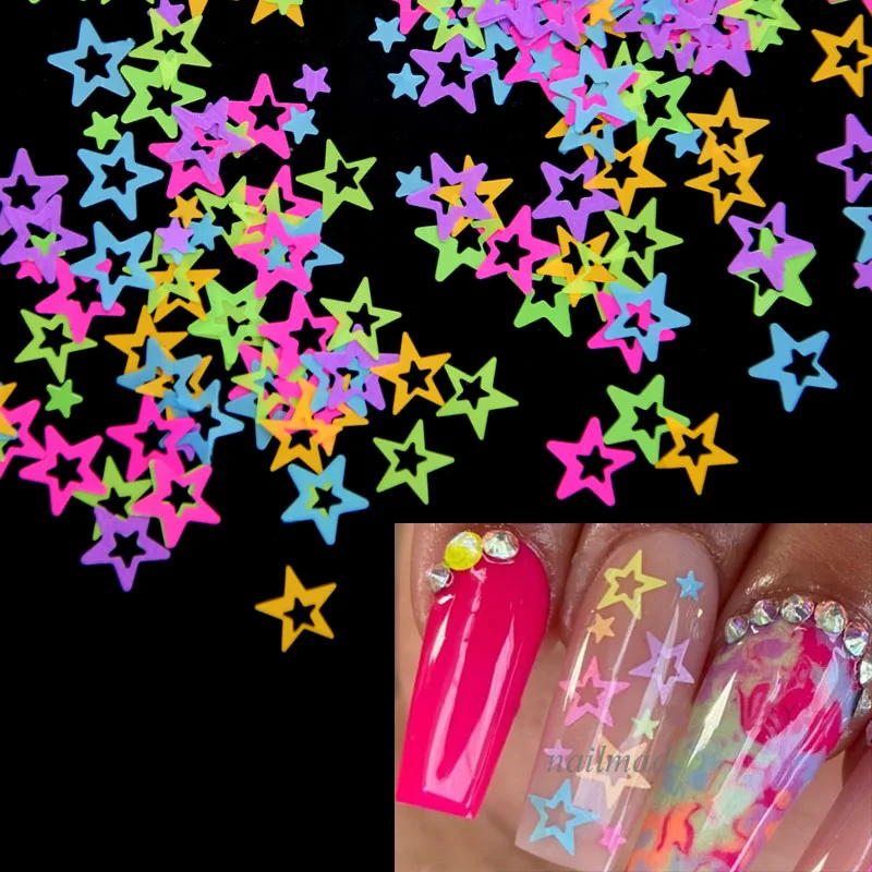 10g/maišelį Nagų Dailės Blizgučiai Neon Star 3D Formos Nagų Blizgučiai Dribsnių Sumaišykite Šviečia Glitters Akrilo ir Gelio Nagai Apdaila Nuotrauka 5