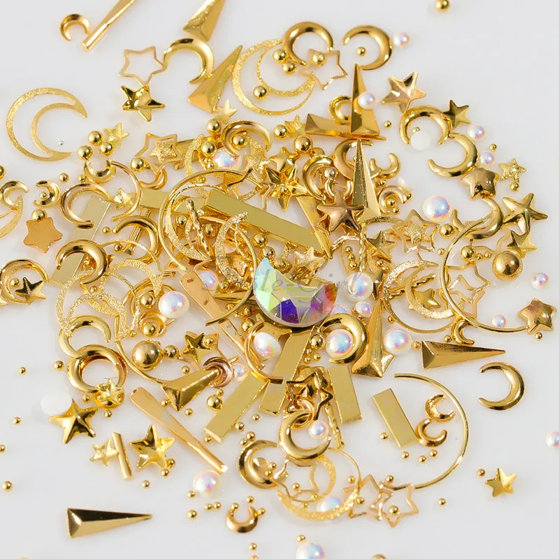 1jar metalo 3D Nagų Dailė star mėnulis tauriųjų metalų dizaino Aukso Sidabro Lydinio Kniedės smeigės mini granules, manikiūro Nagai patarimai Papuošalai Dribsnių Nuotrauka 0
