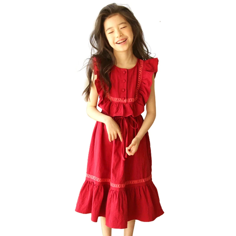 4 -14 Metų Amžiaus Paauglių Mergaičių Raudona Ilga Suknelė 2021 M. Vasarą Elegantiškas Pynimas Merginos Rankovių Frocks Merginos Paprastos Medvilnės Suknelė Nuotrauka 1