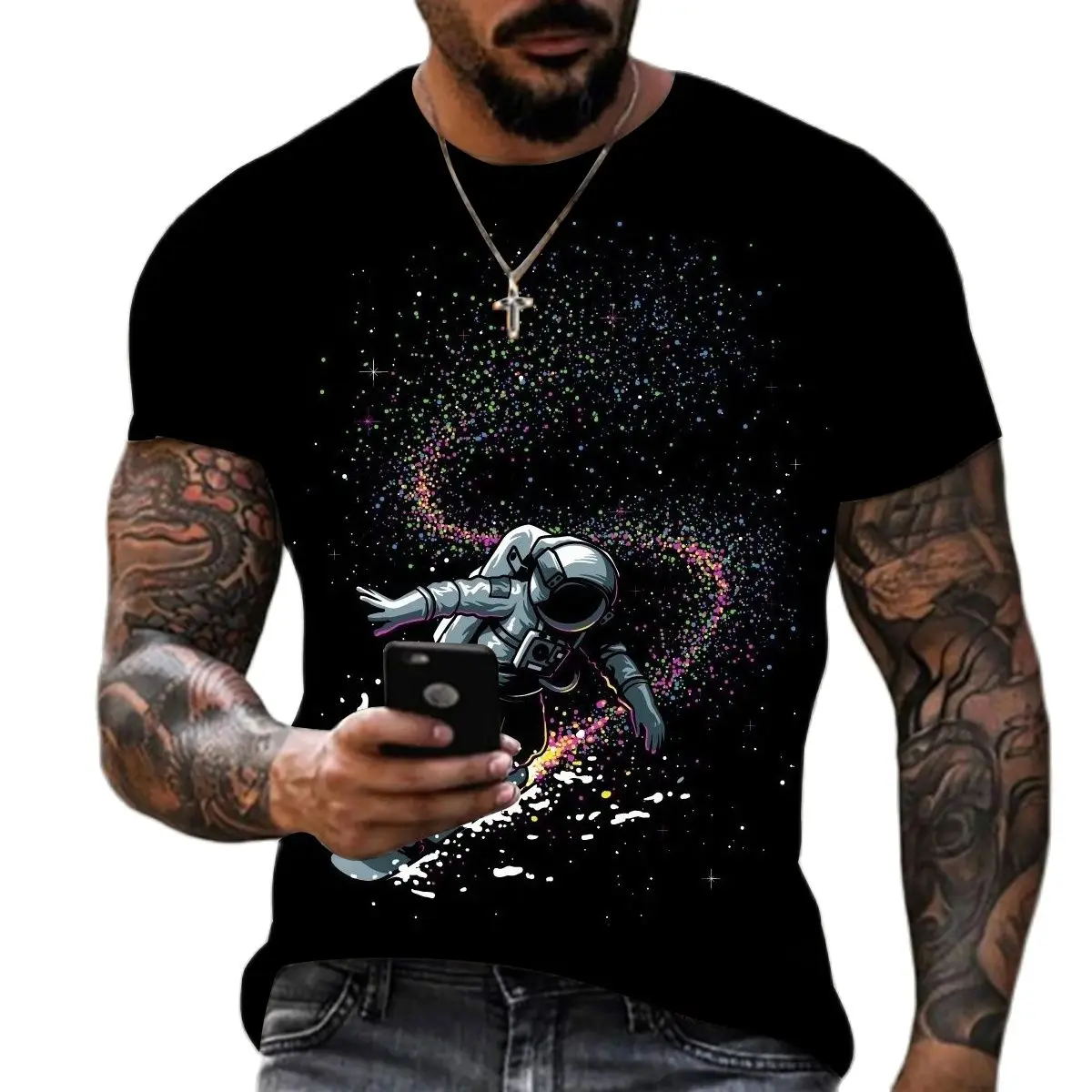 Vasaros Pop Astronautas Modelio vyriški Marškinėliai trumpomis Rankovėmis Mados Universalus Negabaritinių Pločio Laisvi Vyrų Viršuje, Gatvės, Hip Hop Stilius Nuotrauka 2