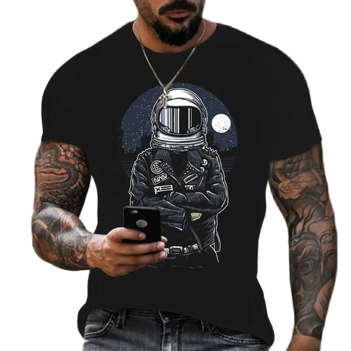 Vasaros Pop Astronautas Modelio vyriški Marškinėliai trumpomis Rankovėmis Mados Universalus Negabaritinių Pločio Laisvi Vyrų Viršuje, Gatvės, Hip Hop Stilius Nuotrauka 5